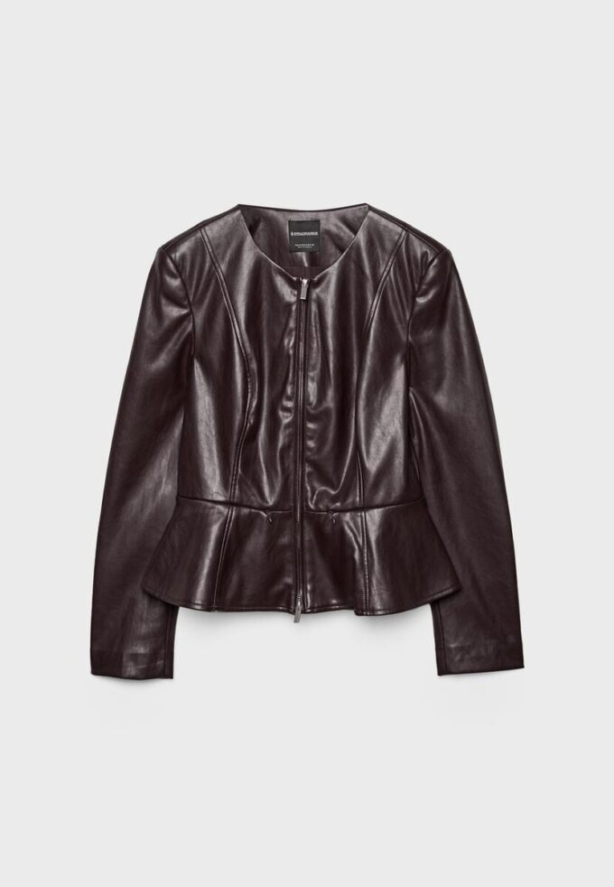 Blazer sem gola com efeito de pele e peplum