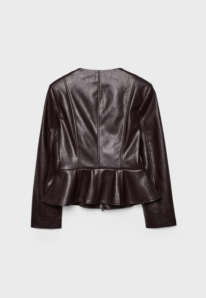 Blazer sem gola com efeito de pele e peplum