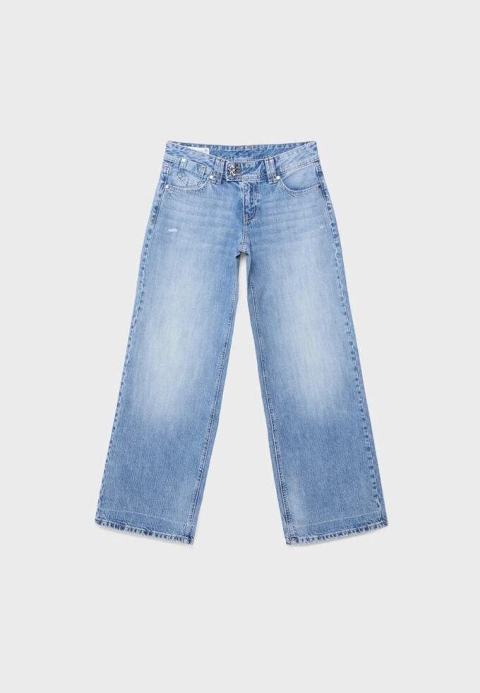 Calças de ganga de cintura baixa e perna Wide Leg com botão decorativo Calças de ganga de cintura baixa e perna Wide Leg com botão decorativo