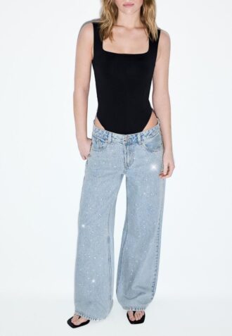 Calças de ganga de cintura baixa e perna Wide Leg com strass