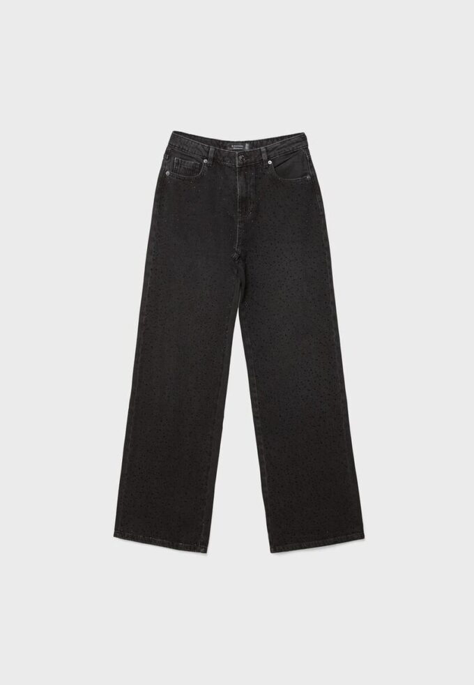 Calças de ganga de corte reto com strass Calças de ganga de corte reto com strass