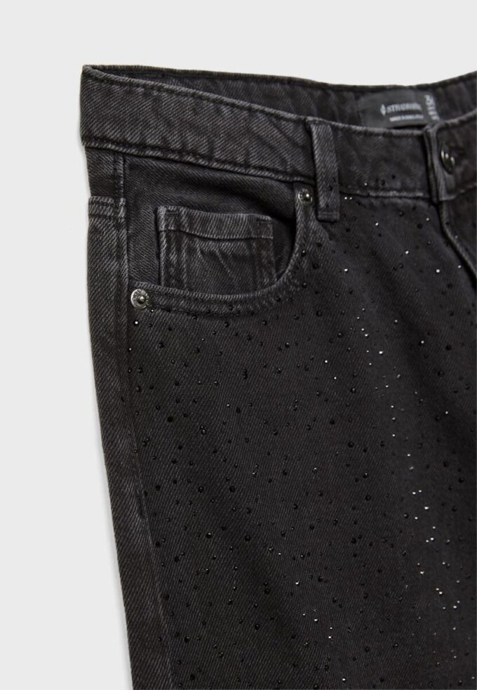 Calças de ganga de corte reto com strass Calças de ganga de corte reto com strass