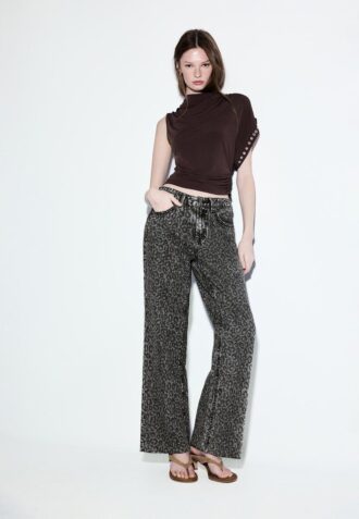 Calças de ganga retas Wide Leg com padrão de leopardo