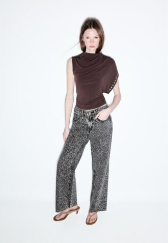 Calças de ganga retas Wide Leg com padrão de leopardo