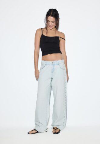 Calças de ganga Wide Leg largas e folgadas com tachas