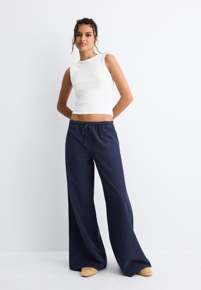 Calças Wide Leg com efeito de linho Calças Wide Leg com efeito de linho