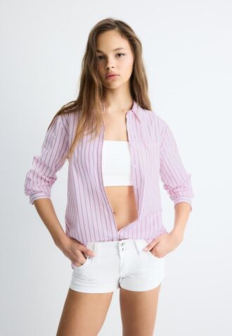 Camisas básicas de popeline às riscas com bolso