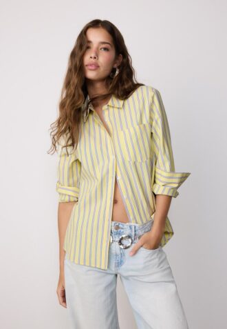 Camisas básicas de popeline às riscas com bolso