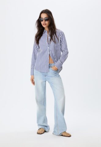 Camisas básicas de popeline às riscas com bolso