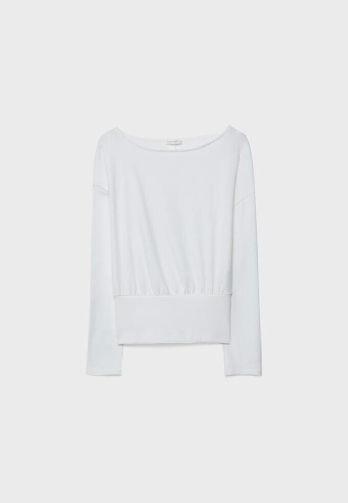 Camisas de manga comprida com decote em barco e bainha com faixa Camisas de manga comprida com decote em barco e bainha com faixa
