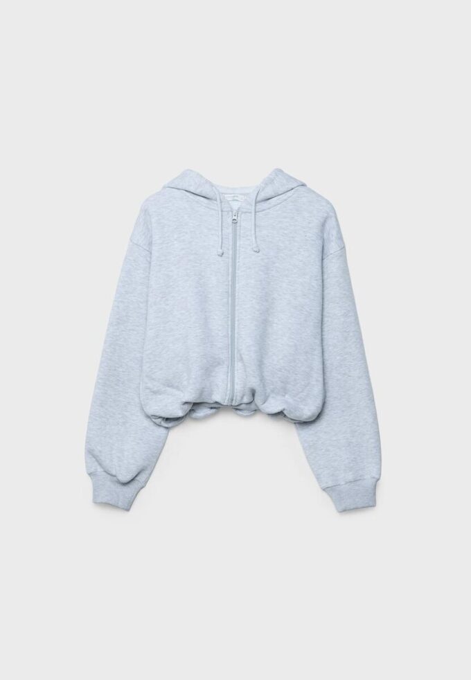 Camisola bomber com capuz estampada