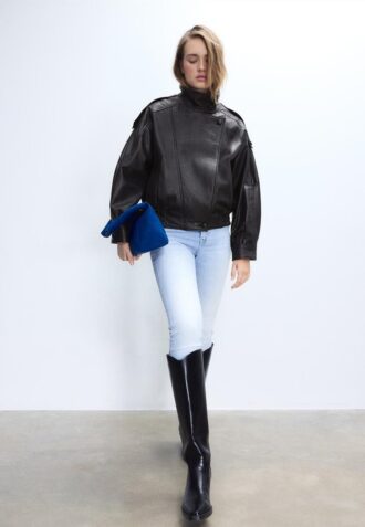 Casaco Oversize com Aba 100% Pele