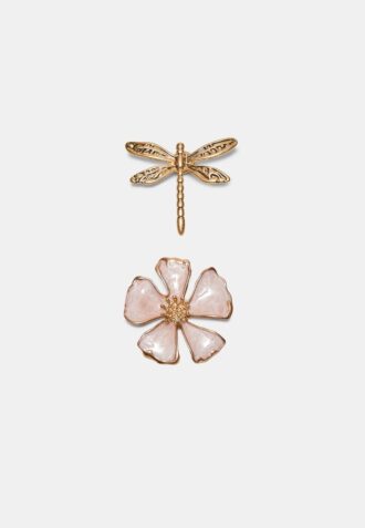 Conjunto de 2 broches de libélula e flor