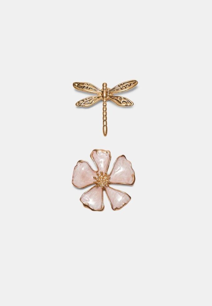 Conjunto de 2 broches de libélula e flor