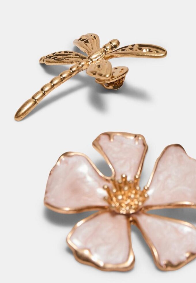 Conjunto de 2 broches de libélula e flor