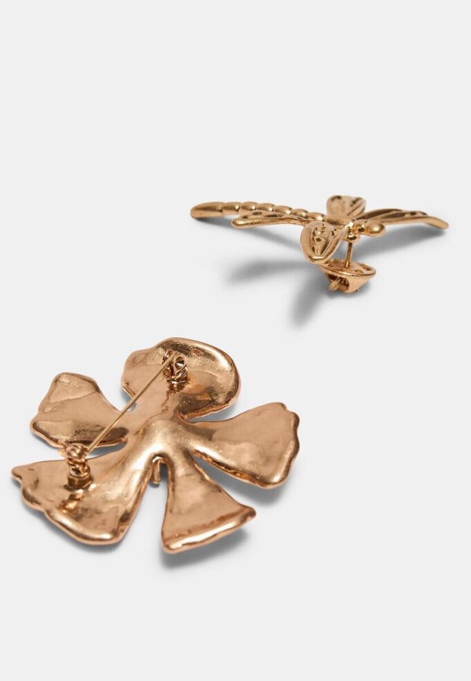 Conjunto de 2 broches de libélula e flor