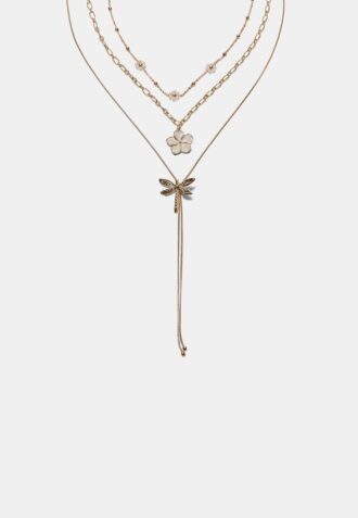 Conjunto de 3 colares com flores e libélulas