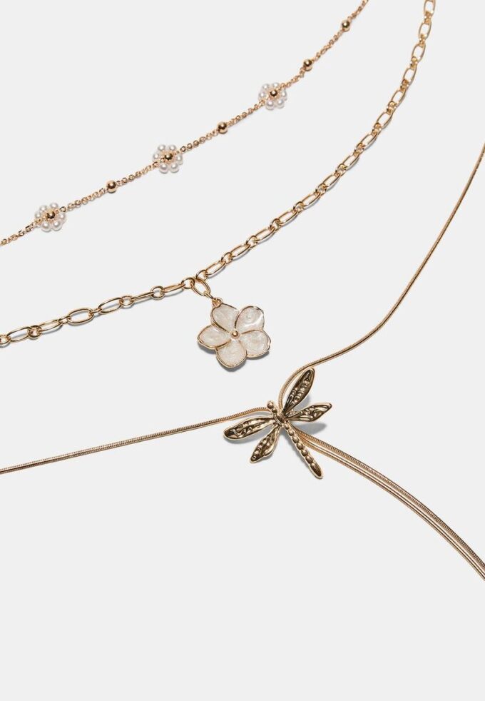 Conjunto de 3 colares com flores e libélulas