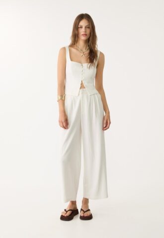 Culottes com pregas em mistura de linho