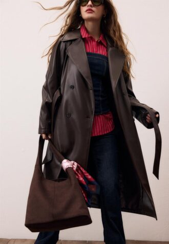 Sobretudo Trench Longo em Imitação de Pele
