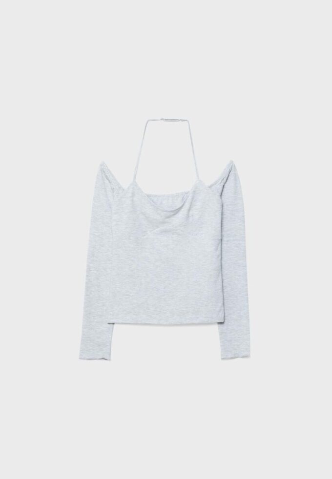 T-shirt de manga comprida com decote halter T-shirt de manga comprida com decote halter
