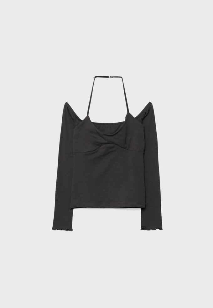 T-shirt de manga comprida com decote halter T-shirt de manga comprida com decote halter
