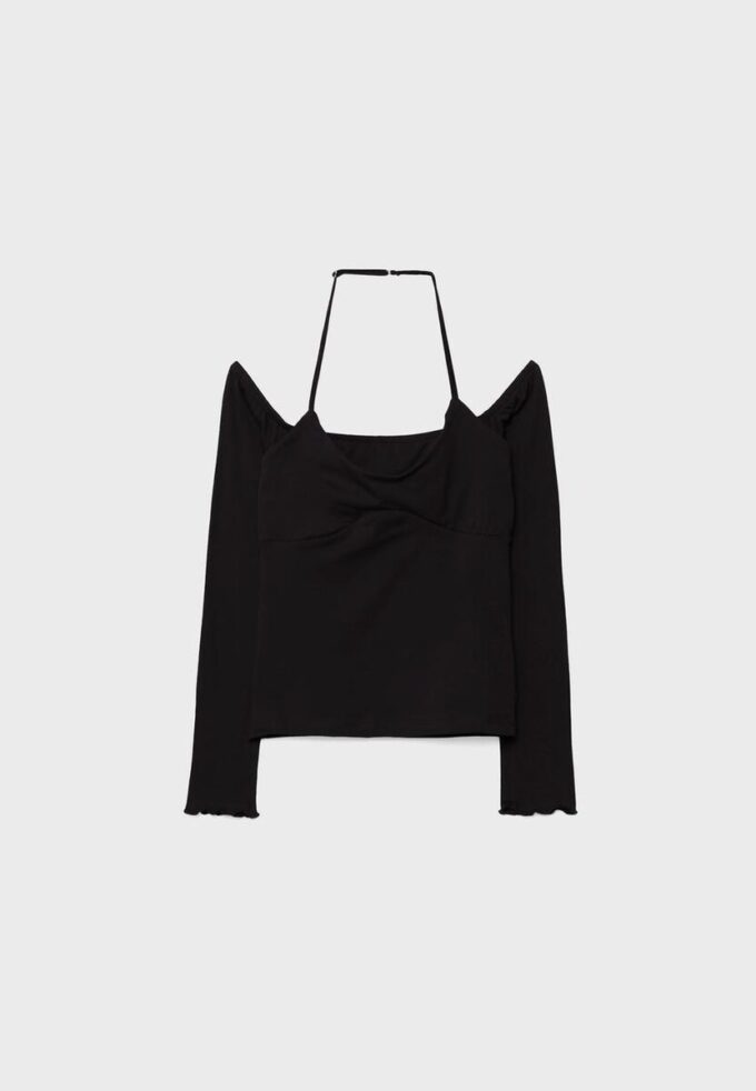 T-shirt de manga comprida com decote halter T-shirt de manga comprida com decote halter