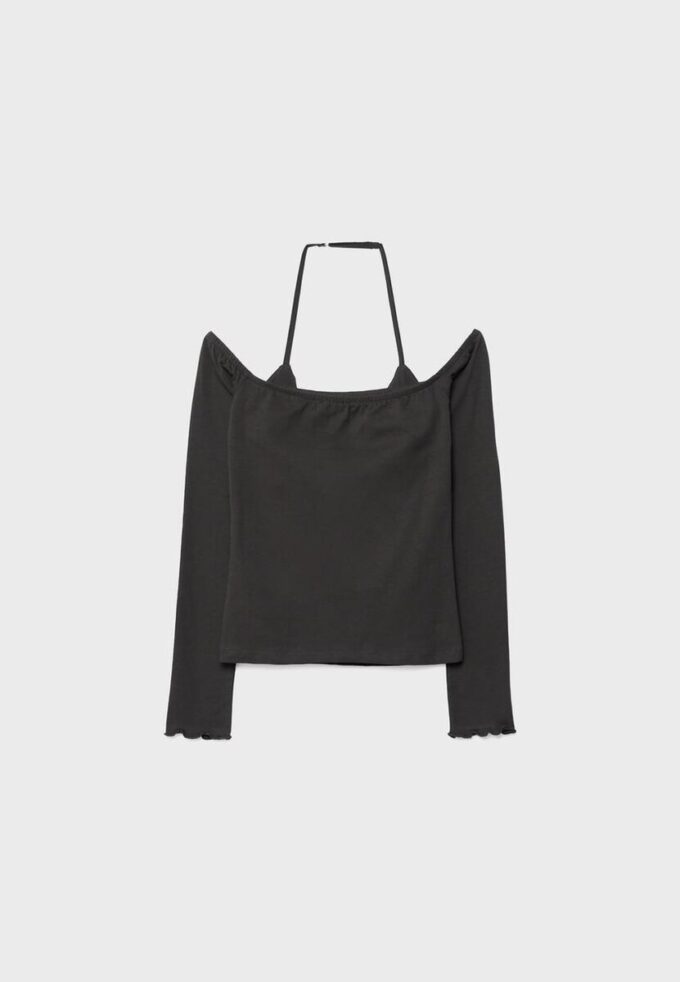 T-shirt de manga comprida com decote halter T-shirt de manga comprida com decote halter