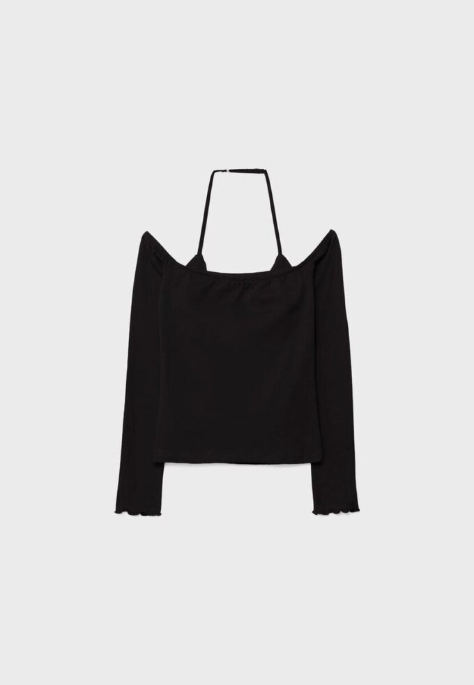 T-shirt de manga comprida com decote halter T-shirt de manga comprida com decote halter