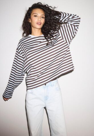 T-shirt de manga comprida Oversize às riscas