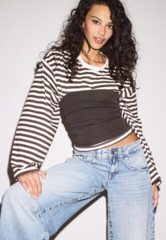 T-shirt de manga comprida Oversize às riscas