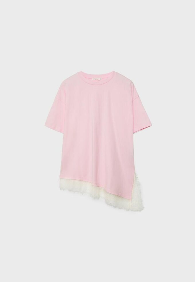 T-shirt de manga curta com bainha em renda