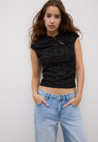 T-shirt estilo Qipao com flocagem