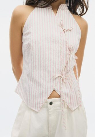 Top Halter Qipao com Nó Semi-Enrugado