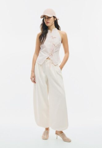 Top Halter Qipao com Nó Semi-Enrugado