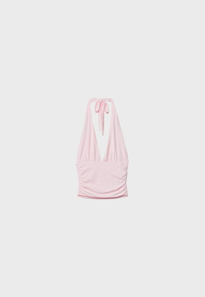 Tops com decote halter e laço franzido