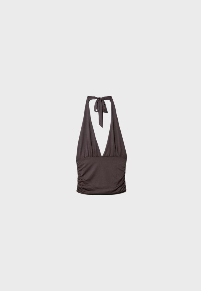 Tops com decote halter e laço franzido