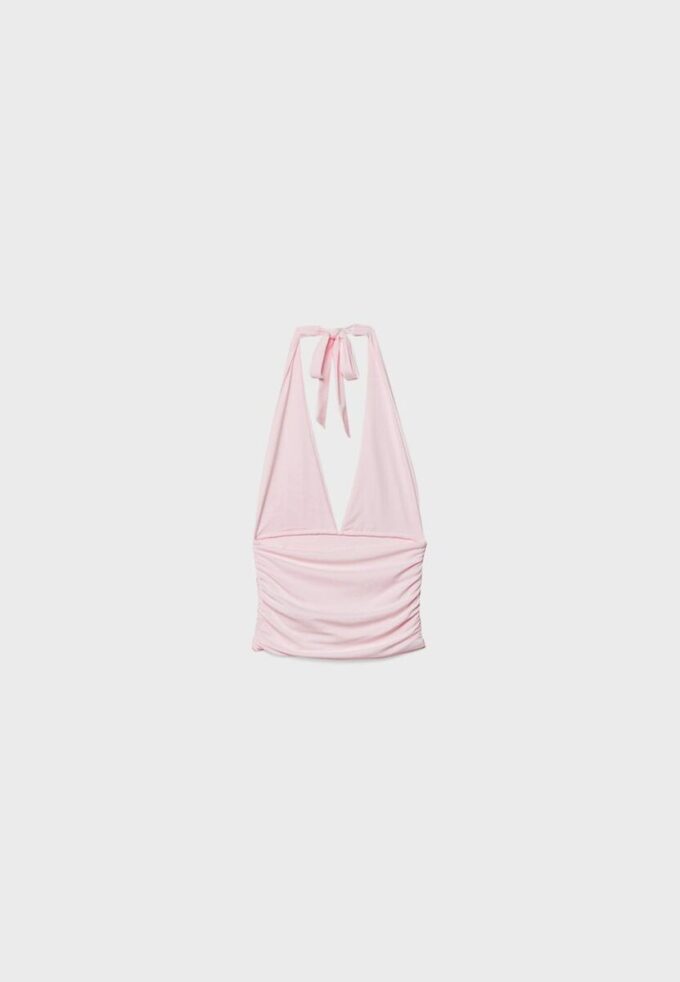Tops com decote halter e laço franzido