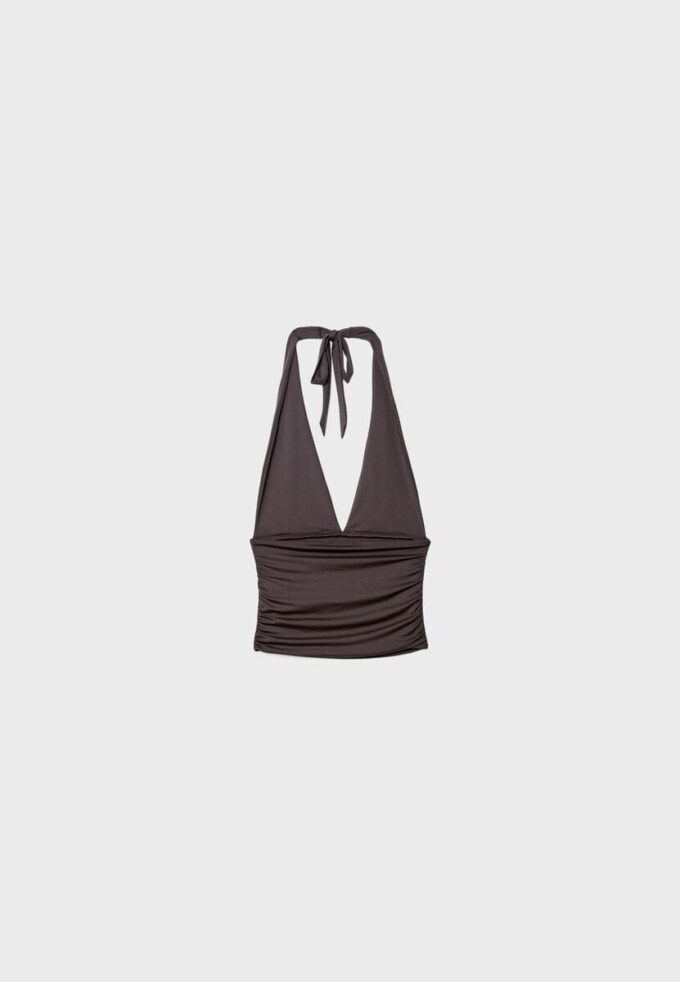 Tops com decote halter e laço franzido