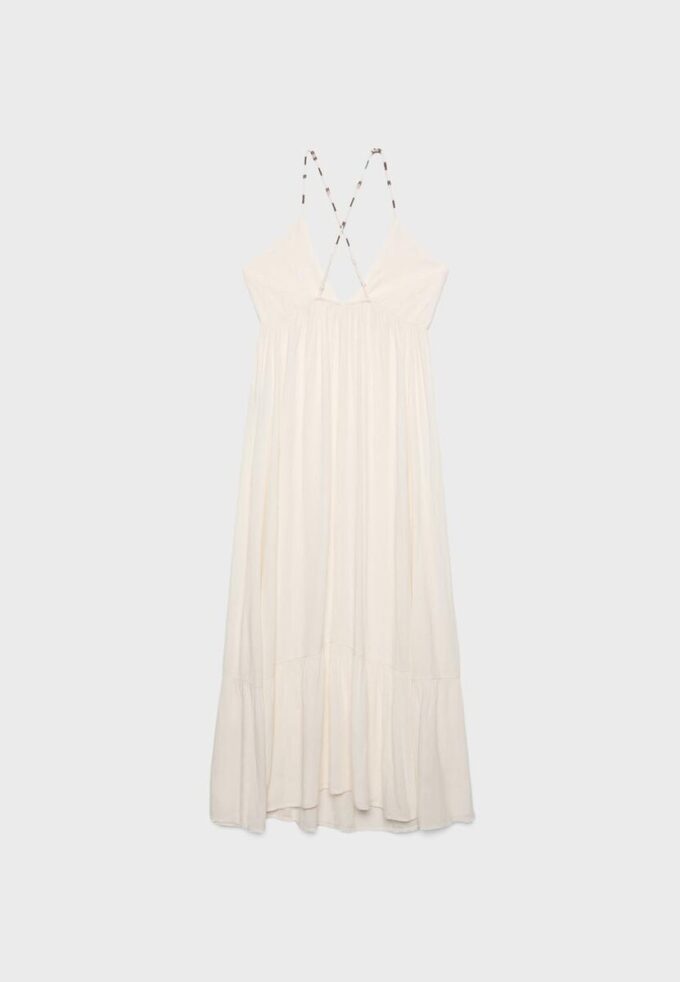 Vestido longo de crepe com alças com bordado Vestido longo de crepe com alças com bordado