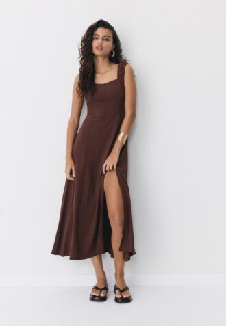 Vestido Midi com Costas Cruzadas com Efeito de Linho Vestido Midi com Costas Cruzadas com Efeito de Linho