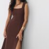 Vestido Midi com Costas Cruzadas com Efeito de Linho Vestido Midi com Costas Cruzadas com Efeito de Linho