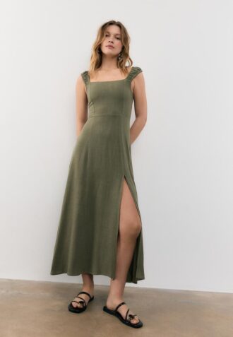 Vestido Midi com Costas Cruzadas com Efeito de Linho