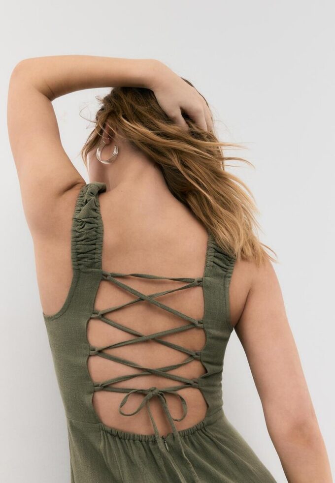 Vestido Midi com Costas Cruzadas com Efeito de Linho Vestido Midi com Costas Cruzadas com Efeito de Linho