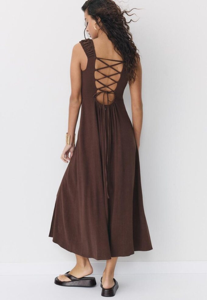 Vestido Midi com Costas Cruzadas com Efeito de Linho Vestido Midi com Costas Cruzadas com Efeito de Linho