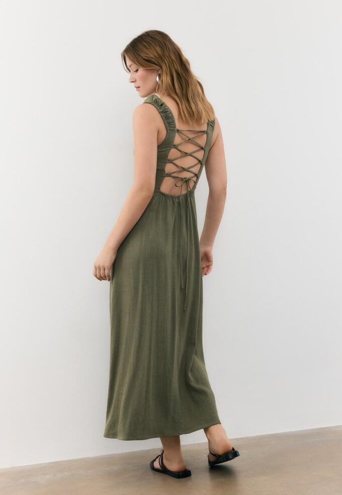 Vestido Midi com Costas Cruzadas com Efeito de Linho Vestido Midi com Costas Cruzadas com Efeito de Linho