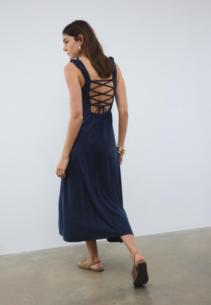 Vestido Midi com Costas Cruzadas com Efeito de Linho Vestido Midi com Costas Cruzadas com Efeito de Linho