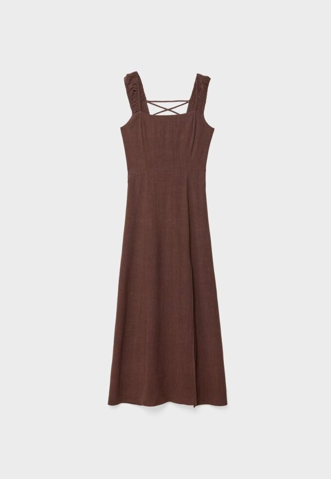 Vestido Midi com Costas Cruzadas com Efeito de Linho Vestido Midi com Costas Cruzadas com Efeito de Linho