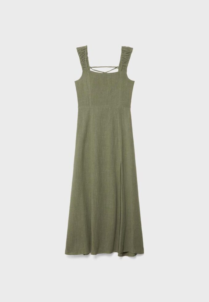 Vestido Midi com Costas Cruzadas com Efeito de Linho Vestido Midi com Costas Cruzadas com Efeito de Linho