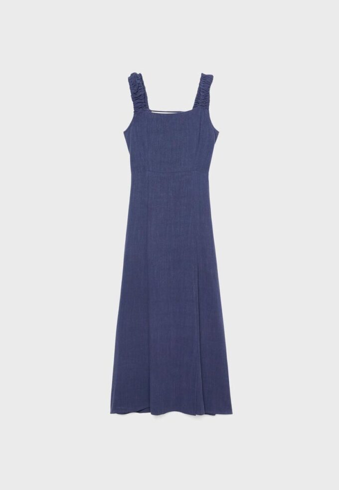 Vestido Midi com Costas Cruzadas com Efeito de Linho Vestido Midi com Costas Cruzadas com Efeito de Linho